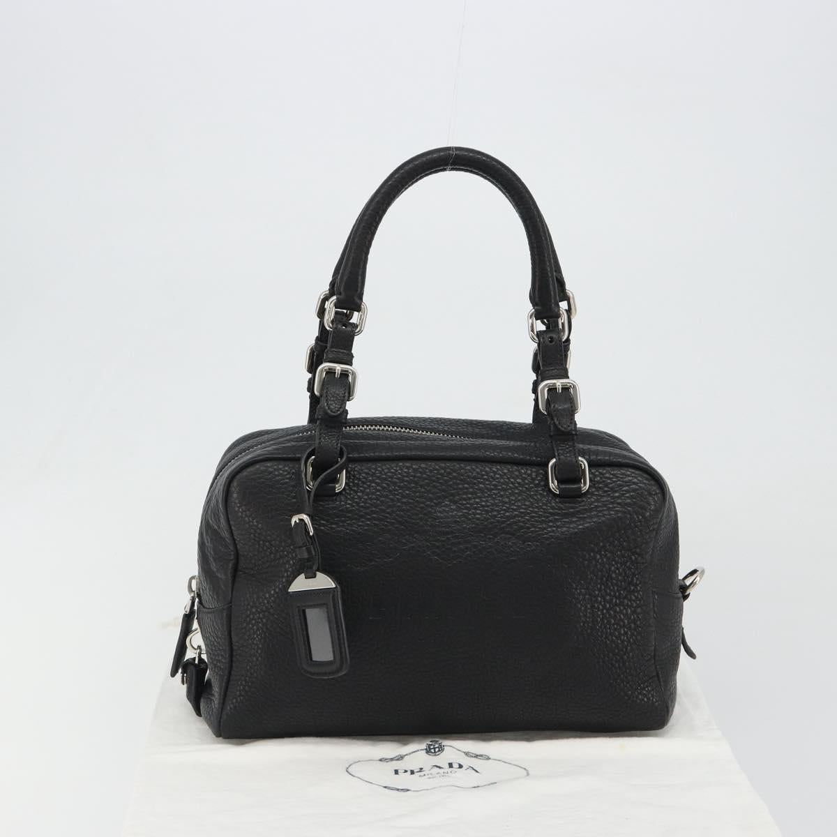 PRADA Boston Bag Leather Black Silver Auth 189156SAV