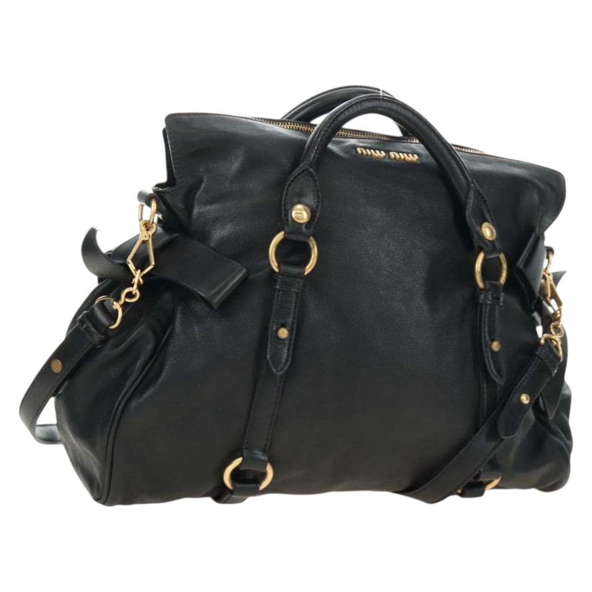 Miu Miu Ribbon Hand Bag Leather 2way Black Gold Auth 189170SAM