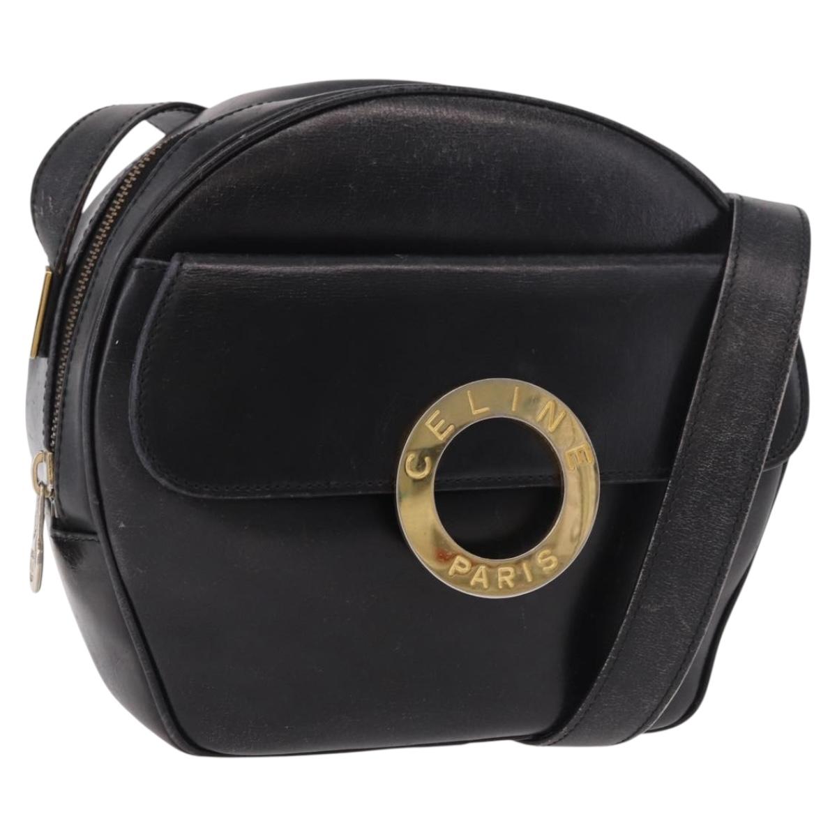 CELINE Circle Shoulder Bag Leather Black Gold Auth 189175