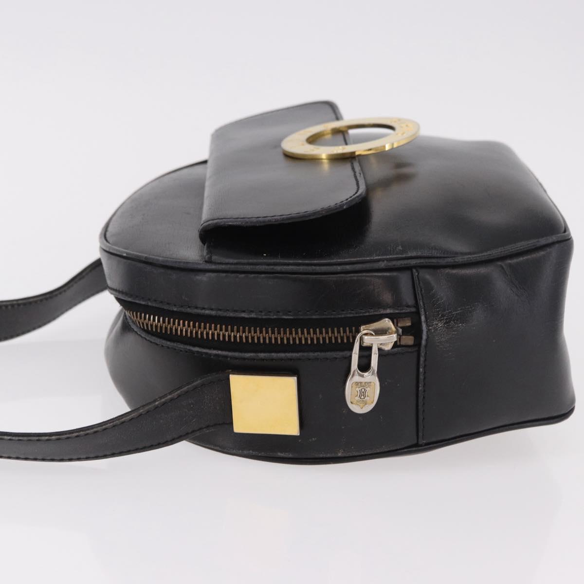 CELINE Circle Shoulder Bag Leather Black Gold Auth 189175