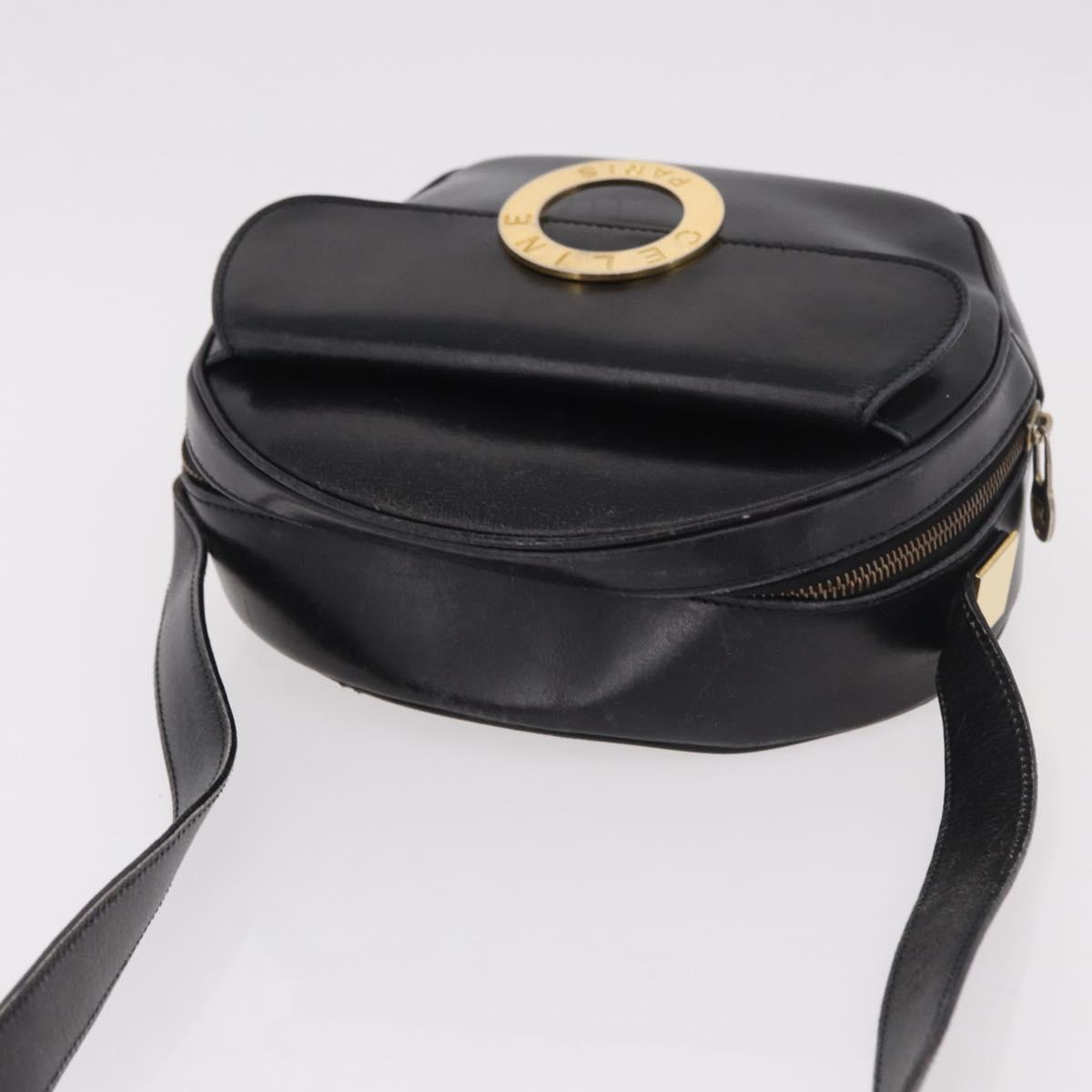 CELINE Circle Shoulder Bag Leather Black Gold Auth 189175