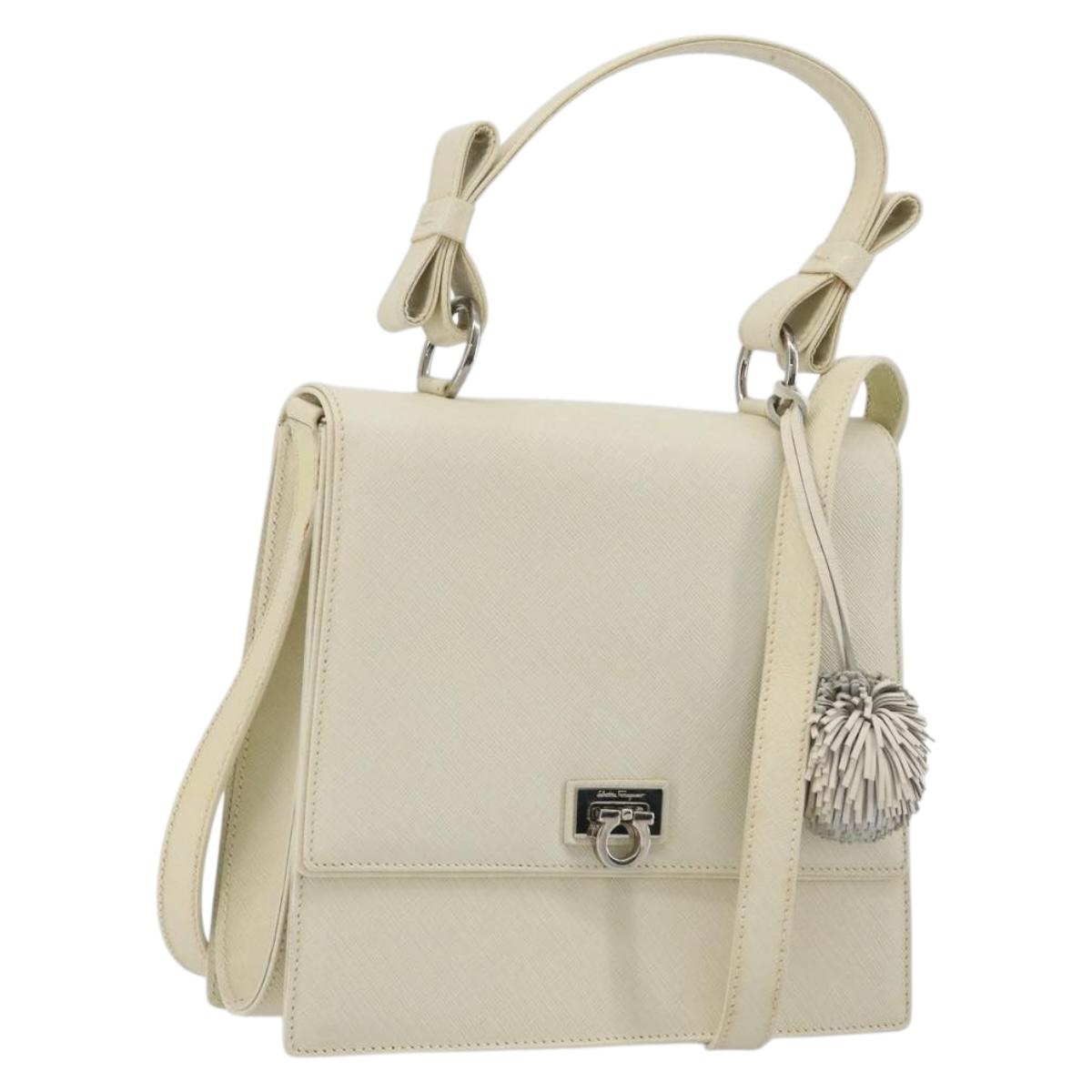 Salvatore Ferragamo Gancini Shoulder Bag Leather 2way White Silver Auth 189177A