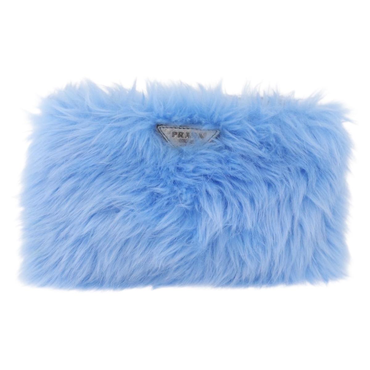 PRADA Clutch Bag Fur Silver Blue Auth 189212V
