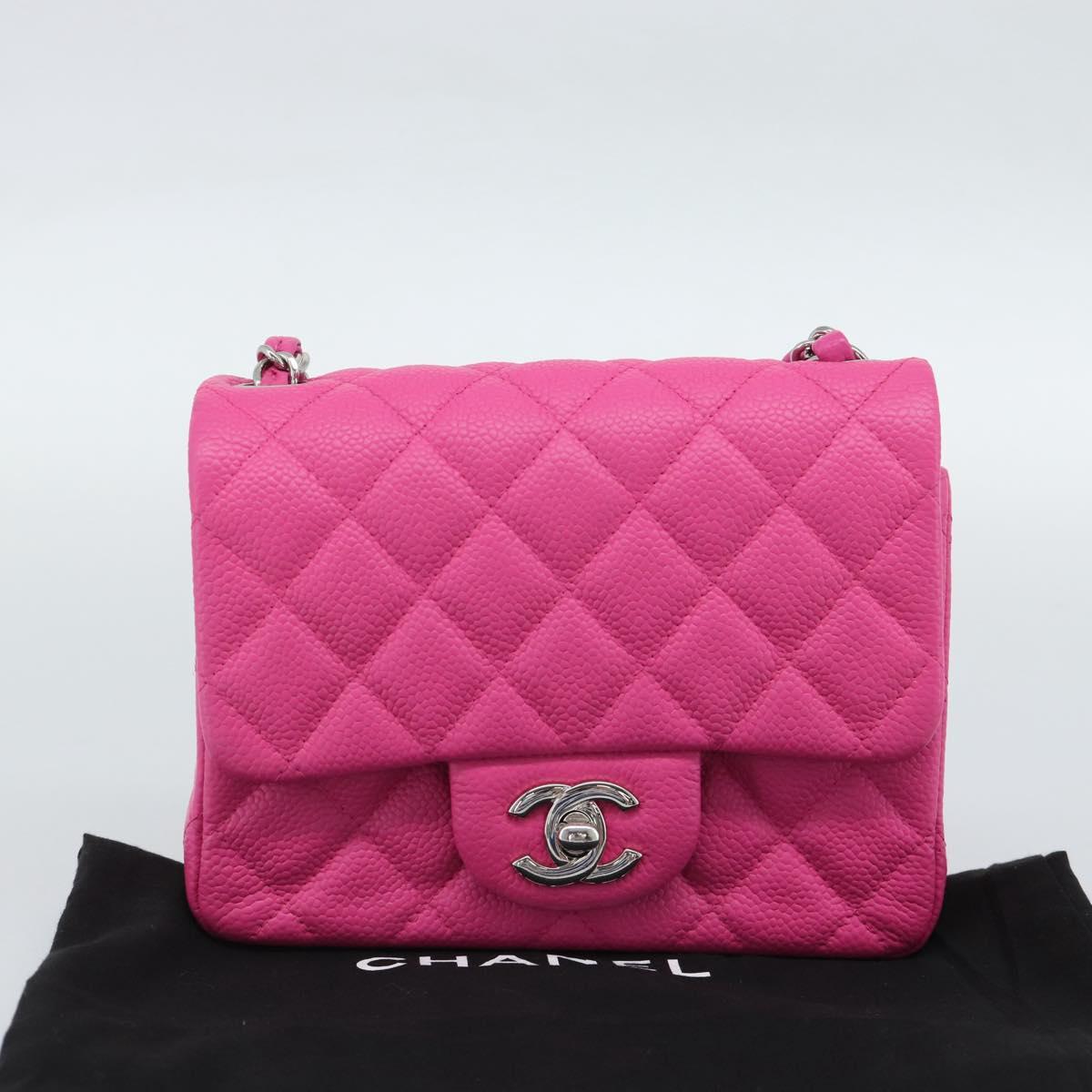 CHANEL Mini Matelasse 17 Chain Bag Caviar Skin Pink Silver CC Auth 189224SAM