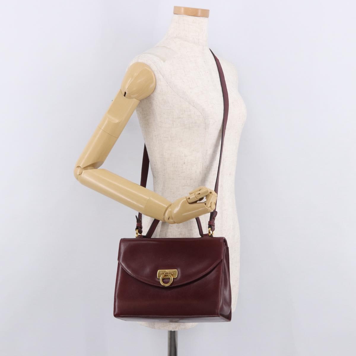 Salvatore Ferragamo Gancini Hand Bag Leather 2way Bordeaux Gold Auth 189226