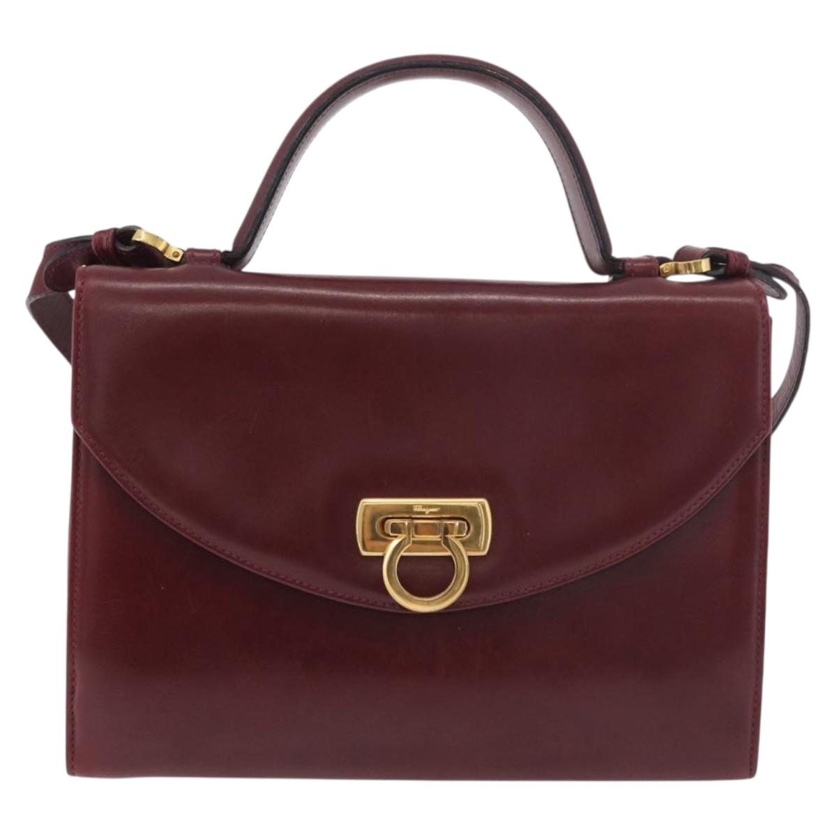 Salvatore Ferragamo Gancini Hand Bag Leather 2way Bordeaux Gold Auth 189226