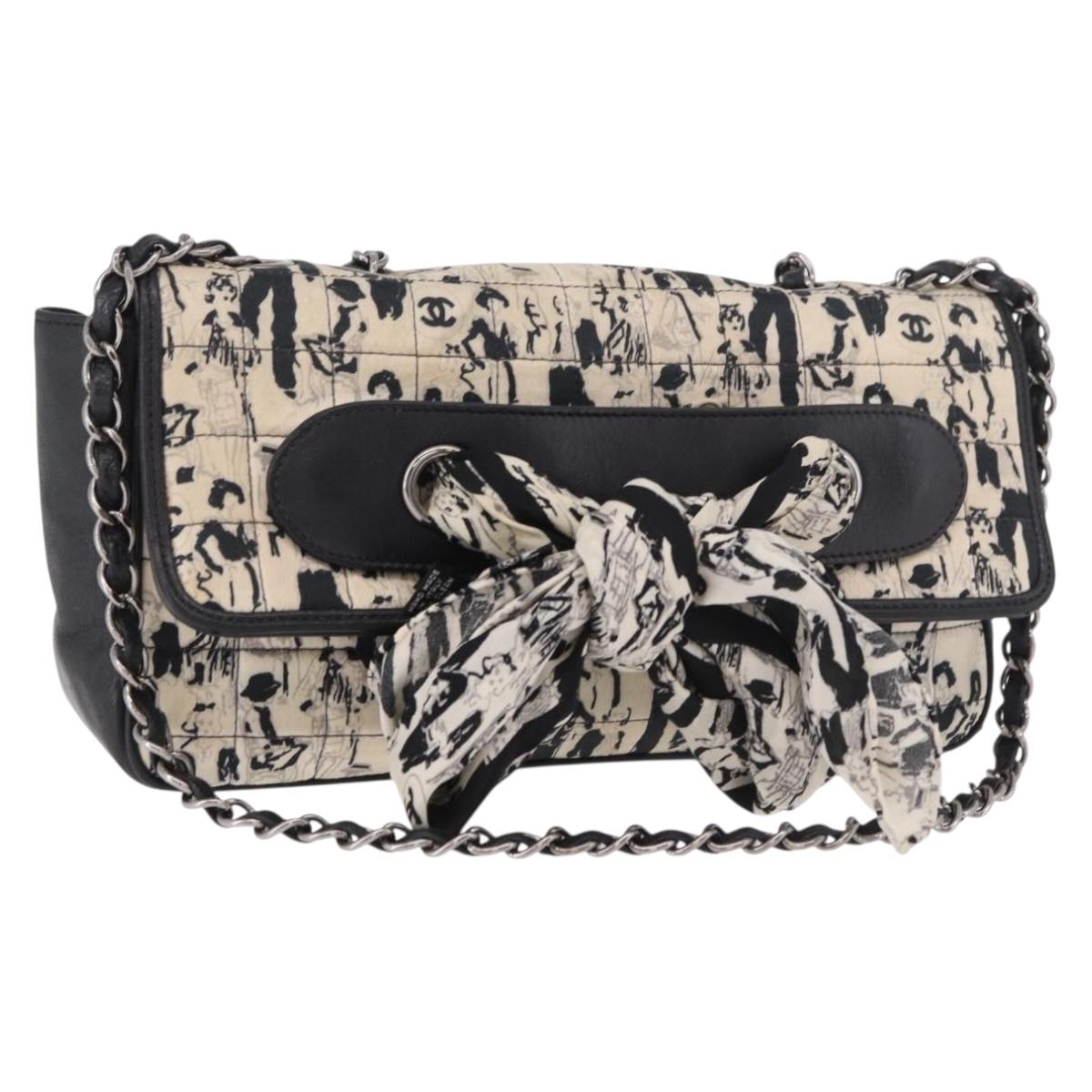 CHANEL Choco Bar Chain Shoulder Bag Satin Black Silver CC Auth 189234V