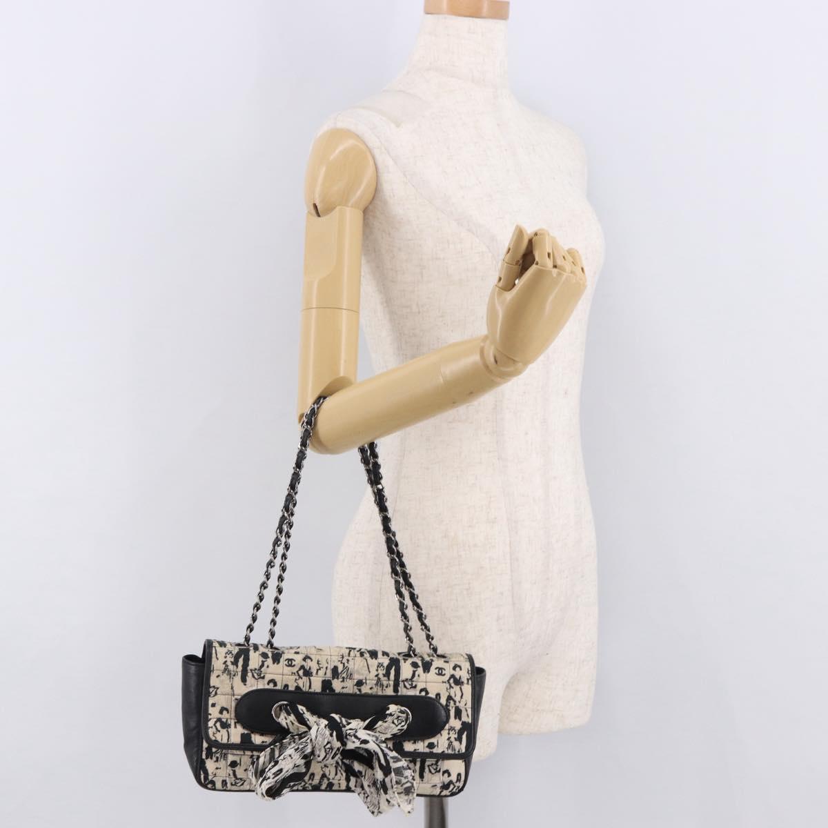 CHANEL Choco Bar Chain Shoulder Bag Satin Black Silver CC Auth 189234V