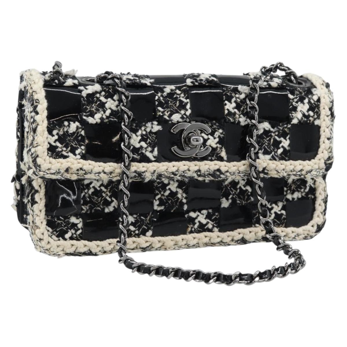CHANEL Choco Bar Chain Shoulder Bag Tweed Black Silver CC Auth 189240SAM