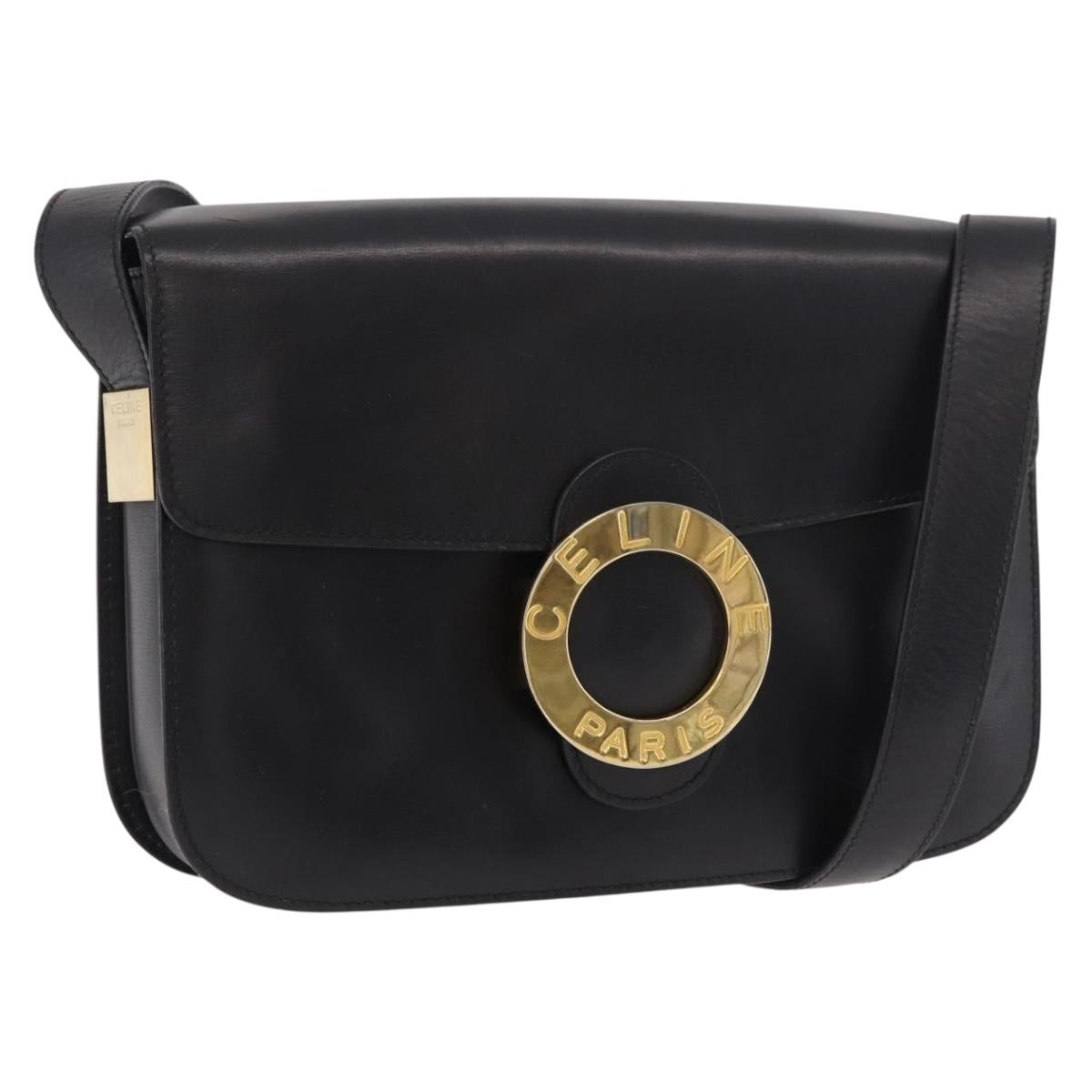CELINE Circle Shoulder Bag Leather Black Gold Auth 189243A