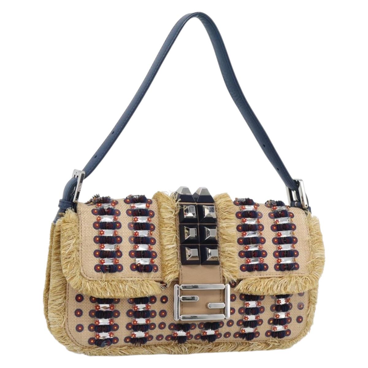 FENDI Mamma Baguette Shoulder Bag Straw Beige Silver Auth 189247SM