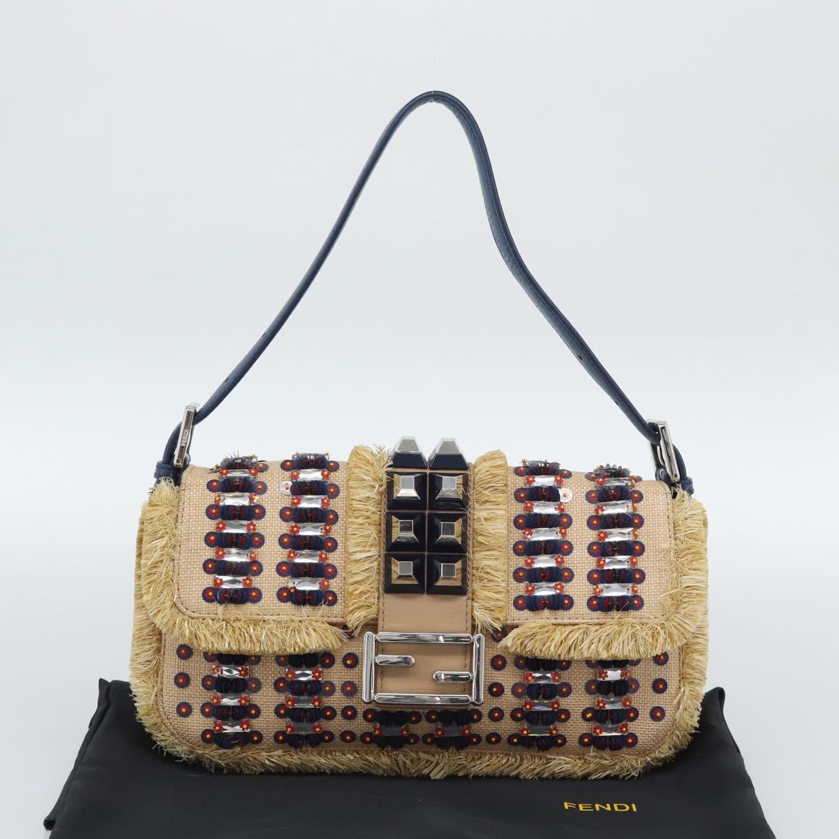 FENDI Mamma Baguette Shoulder Bag Straw Beige Silver Auth 189247SM