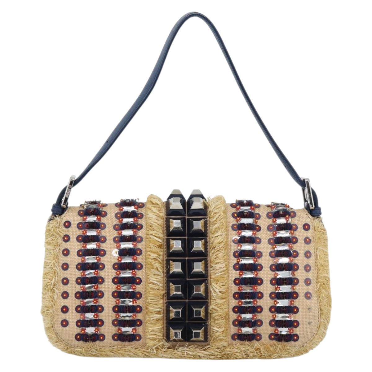 FENDI Mamma Baguette Shoulder Bag Straw Beige Silver Auth 189247SM