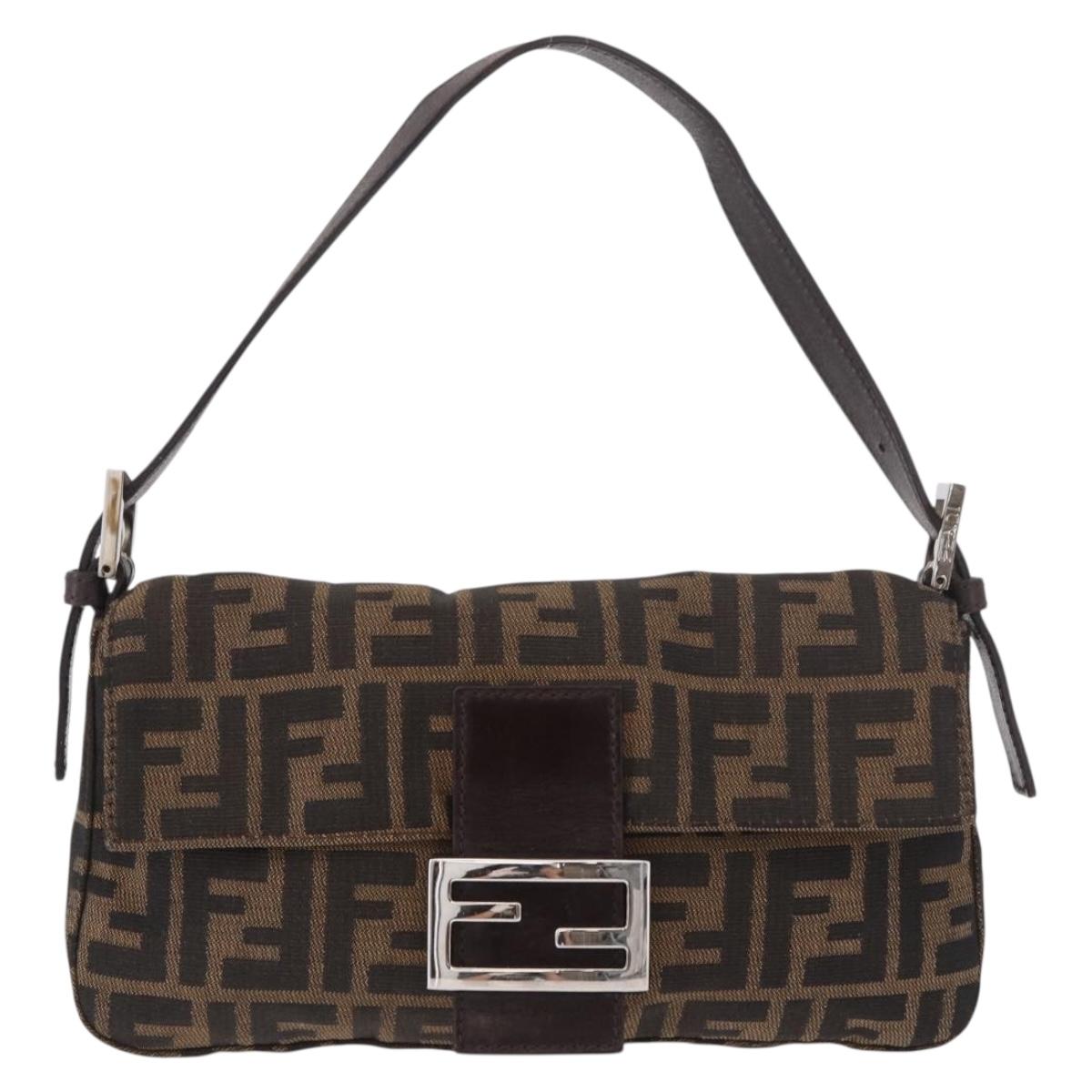 FENDI Zucca Canvas Mamma Baguette Shoulder Bag Black Brown Silver Auth 189252SAM