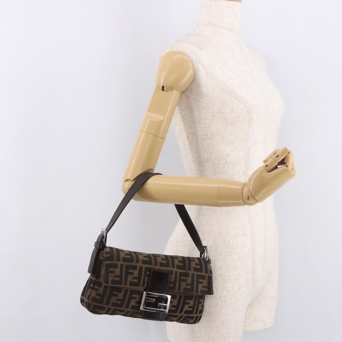 FENDI Zucca Canvas Mamma Baguette Shoulder Bag Black Brown Silver Auth 189252SAM