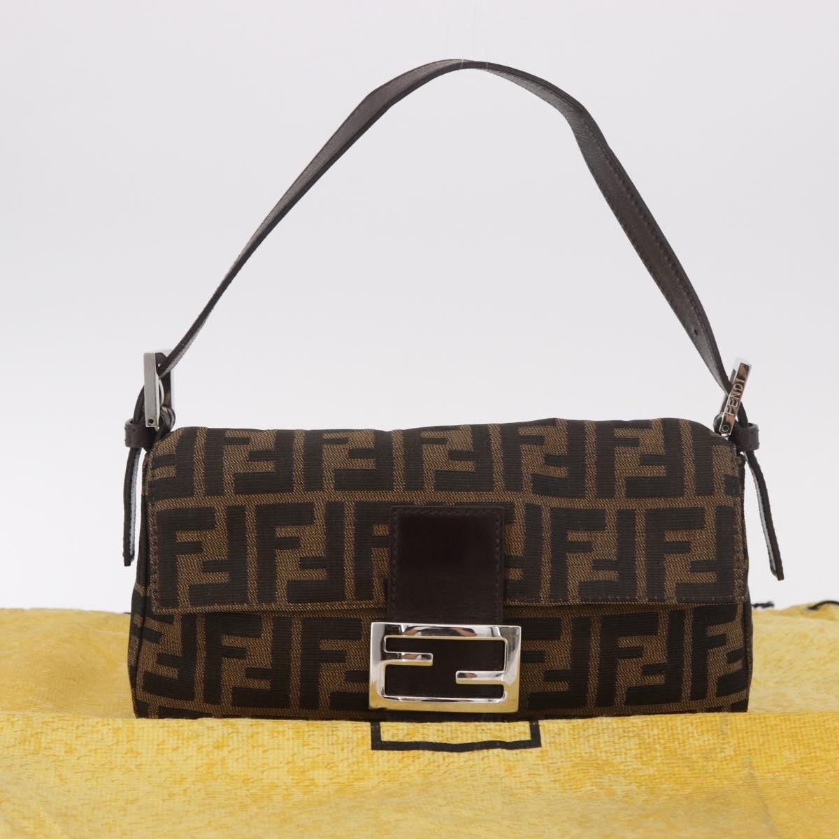 FENDI Zucca Canvas Mamma Baguette Shoulder Bag Black Brown Silver Auth 189252SAM
