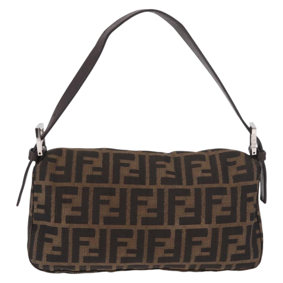 FENDI Zucca Canvas Mamma Baguette Shoulder Bag Black Brown Silver Auth 189252SAM