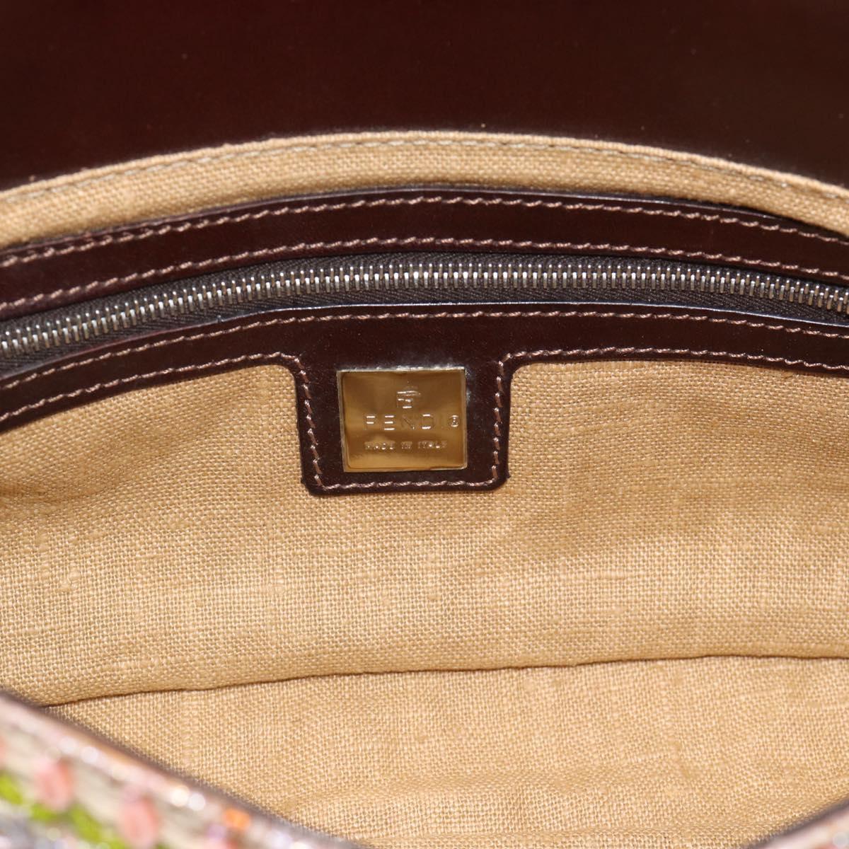 FENDI Mamma Baguette Shoulder Bag Canvas Beads Beige Silver Auth 189253SM