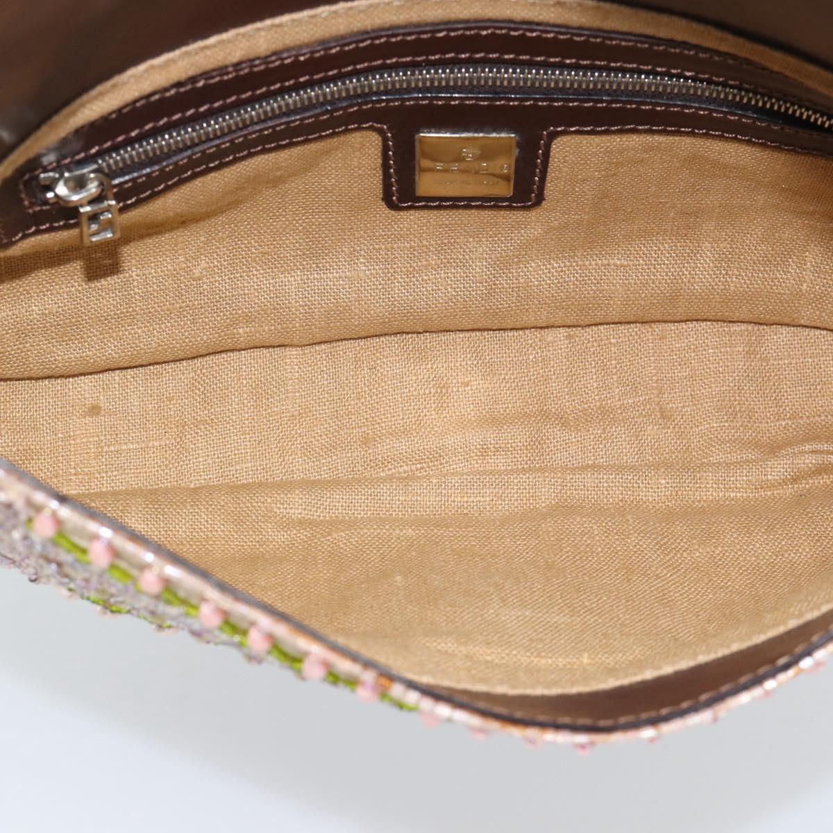 FENDI Mamma Baguette Shoulder Bag Canvas Beads Beige Silver Auth 189253SM