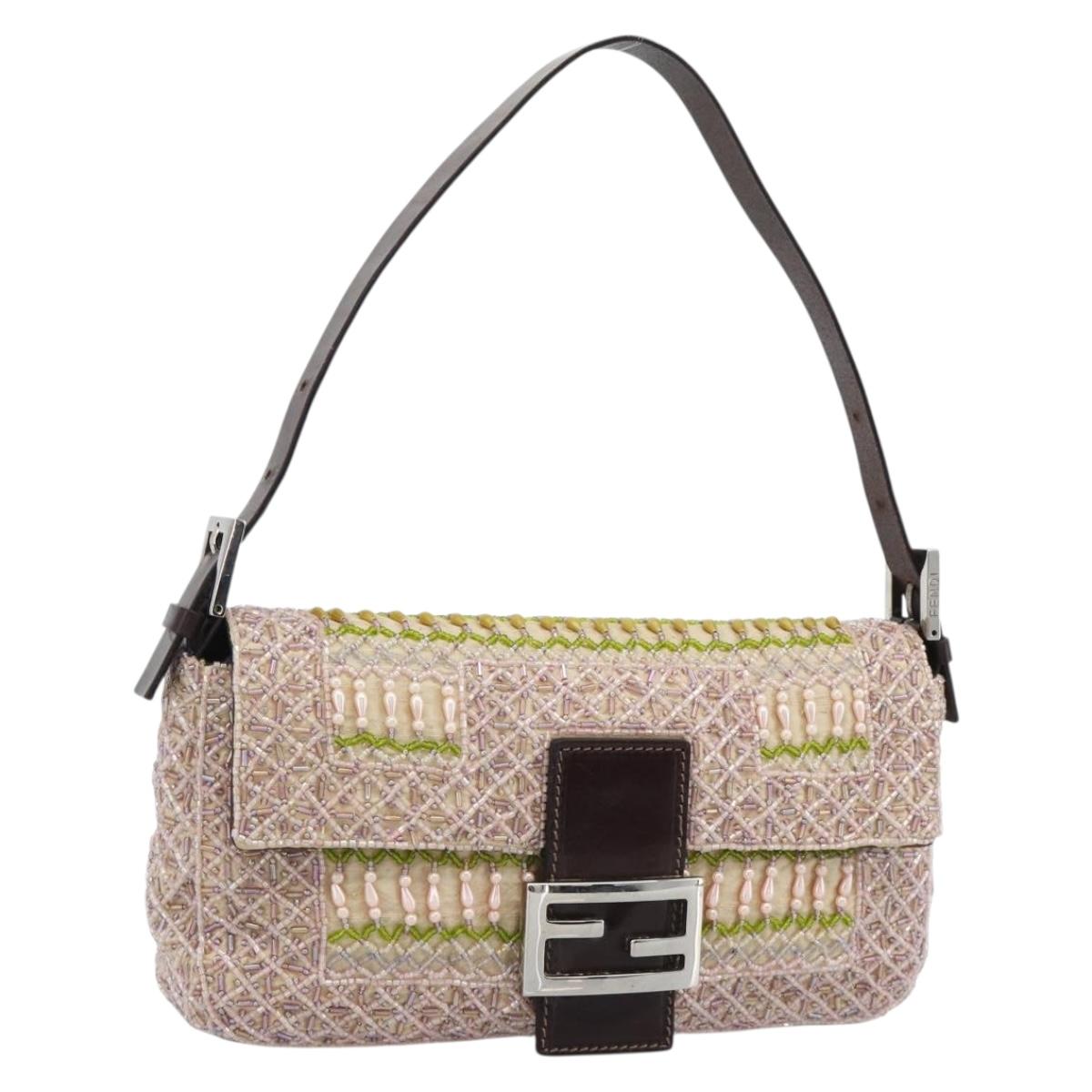 FENDI Mamma Baguette Shoulder Bag Canvas Beads Beige Silver Auth 189253SM