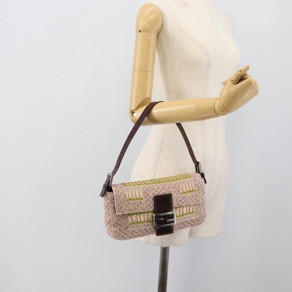 FENDI Mamma Baguette Shoulder Bag Canvas Beads Beige Silver Auth 189253SM