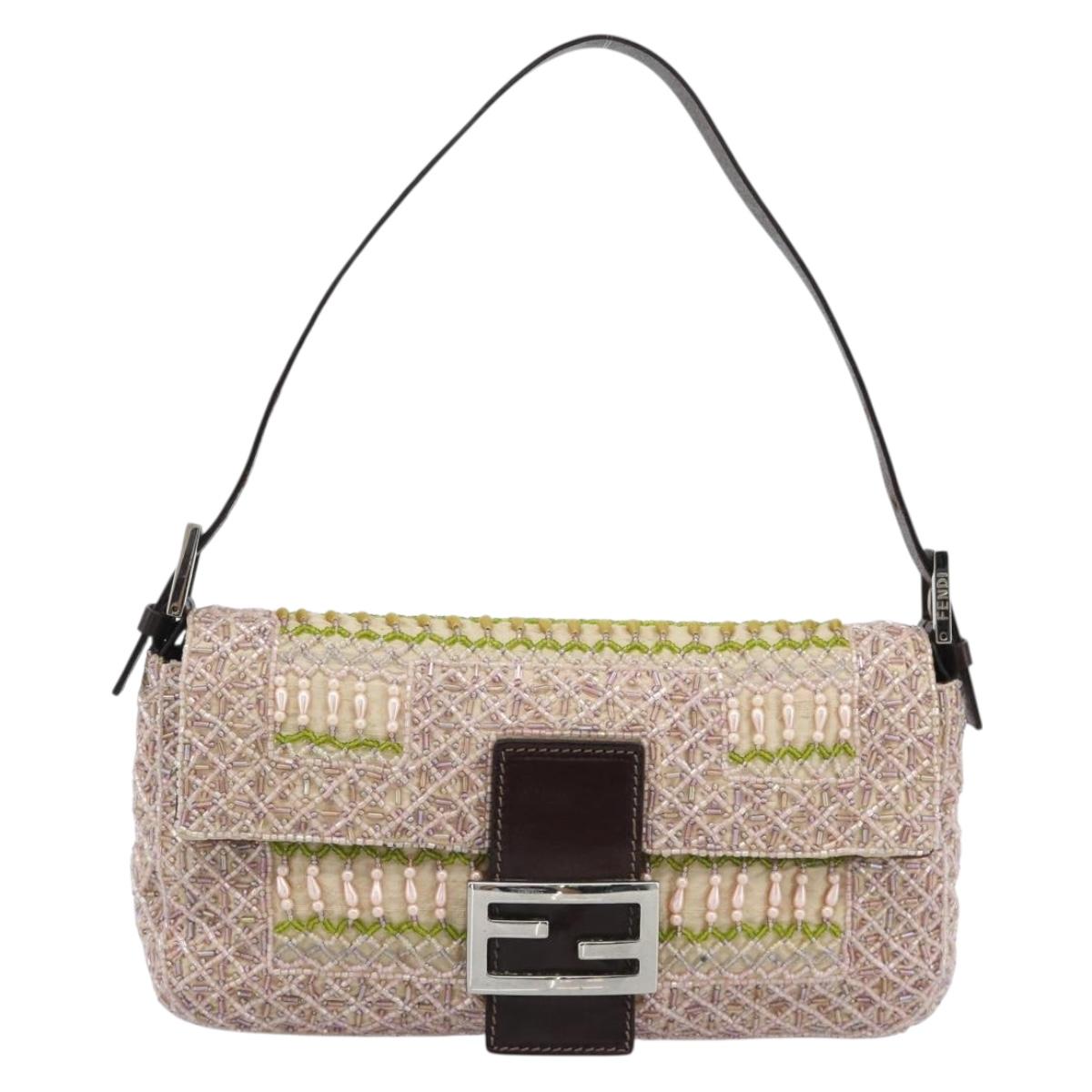 FENDI Mamma Baguette Shoulder Bag Canvas Beads Beige Silver Auth 189253SM