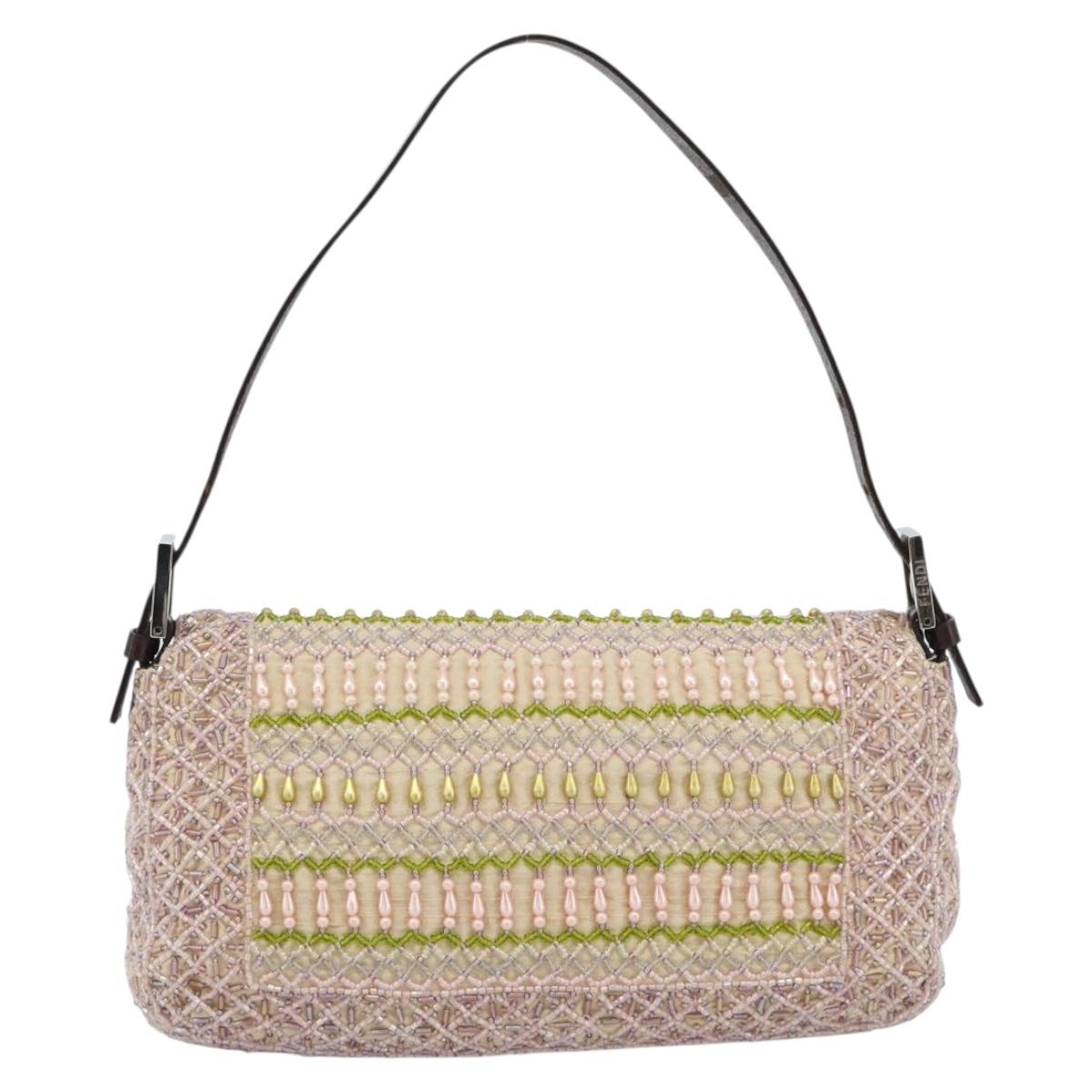 FENDI Mamma Baguette Shoulder Bag Canvas Beads Beige Silver Auth 189253SM