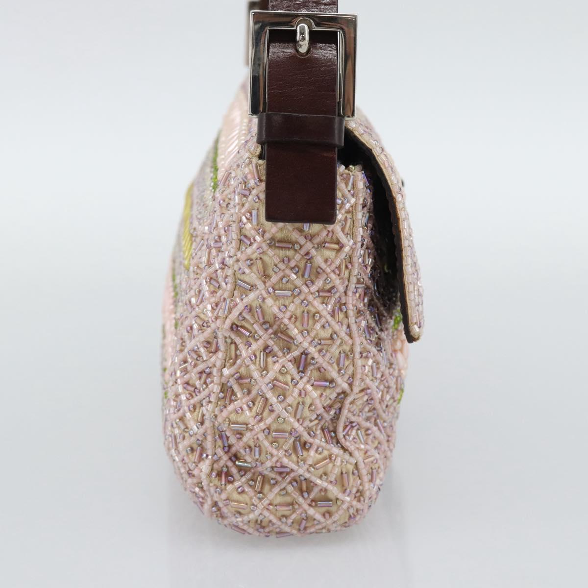FENDI Mamma Baguette Shoulder Bag Canvas Beads Beige Silver Auth 189253SM