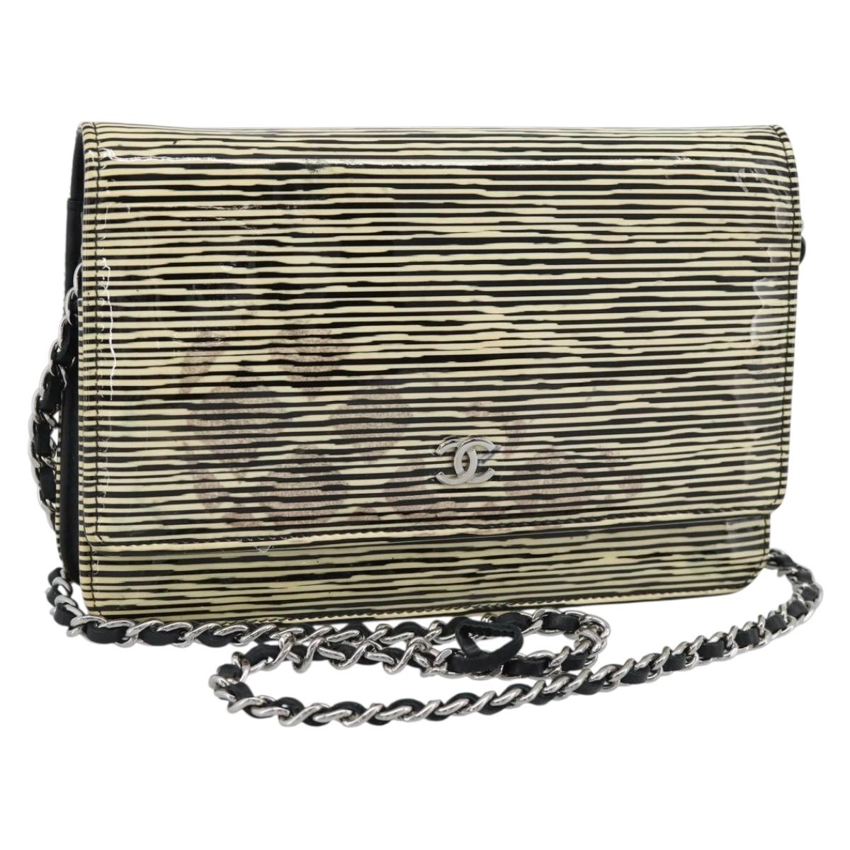 CHANEL COCO Mark Chain Wallet Shoulder Bag Patent White Black CC Auth 189255A