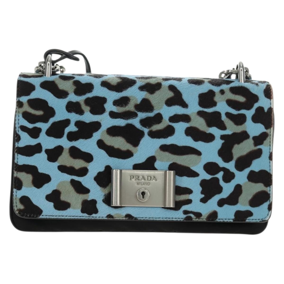 PRADA Chain Shoulder Bag Unborn Calf Skin Light Blue Silver Auth 189257V