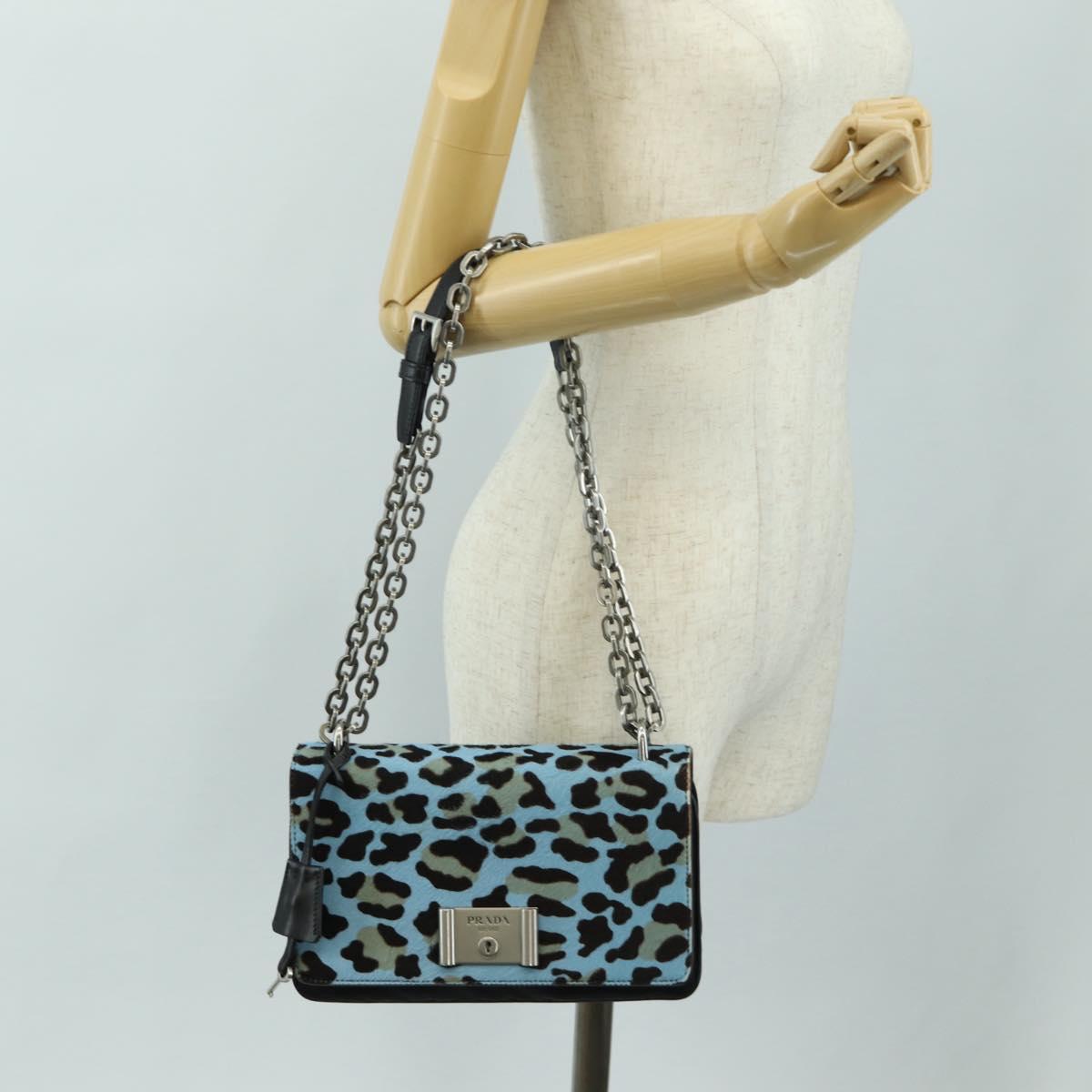 PRADA Chain Shoulder Bag Unborn Calf Skin Light Blue Silver Auth 189257V