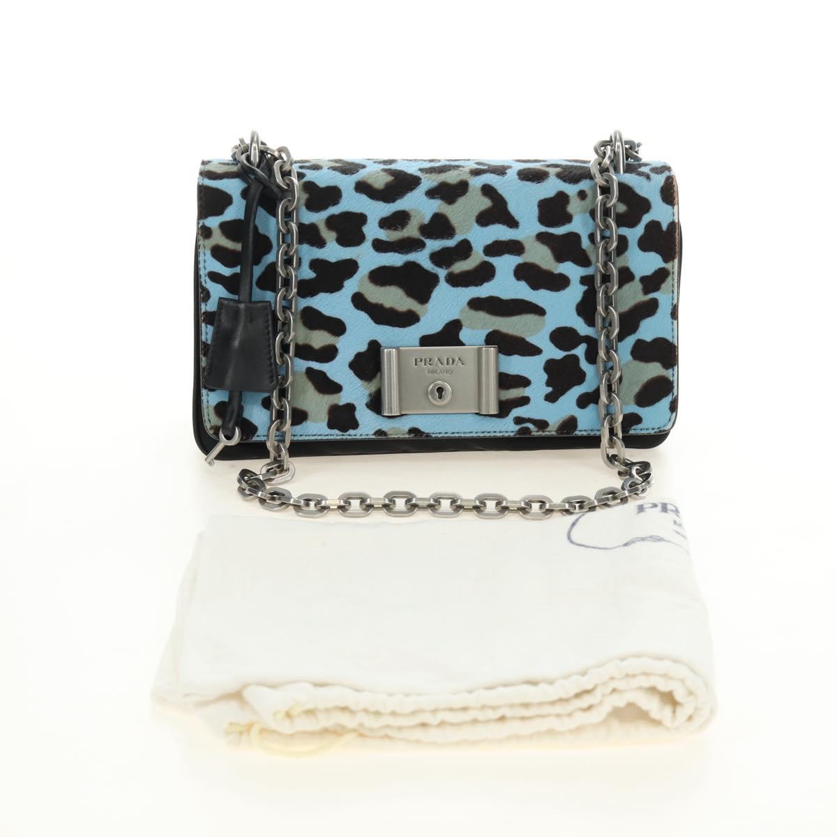 PRADA Chain Shoulder Bag Unborn Calf Skin Light Blue Silver Auth 189257V