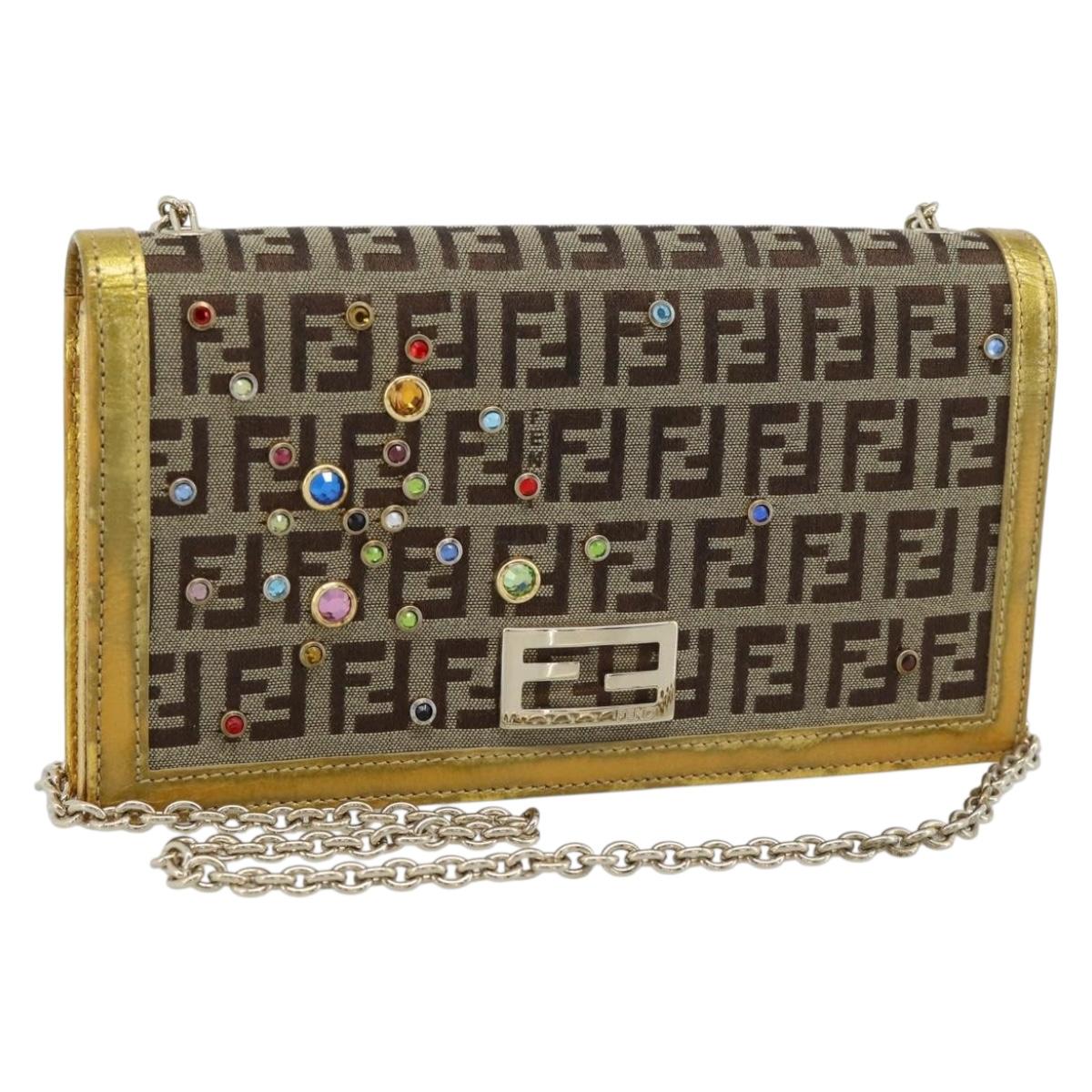 FENDI Zucchino Canvas Chain Wallet Shoulder Bag Beige Gold Auth 189259V