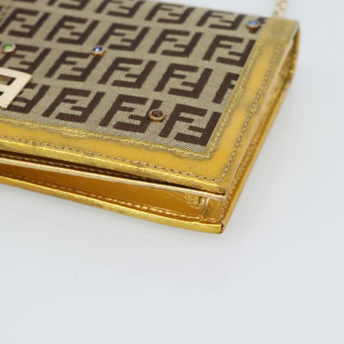FENDI Zucchino Canvas Chain Wallet Shoulder Bag Beige Gold Auth 189259V