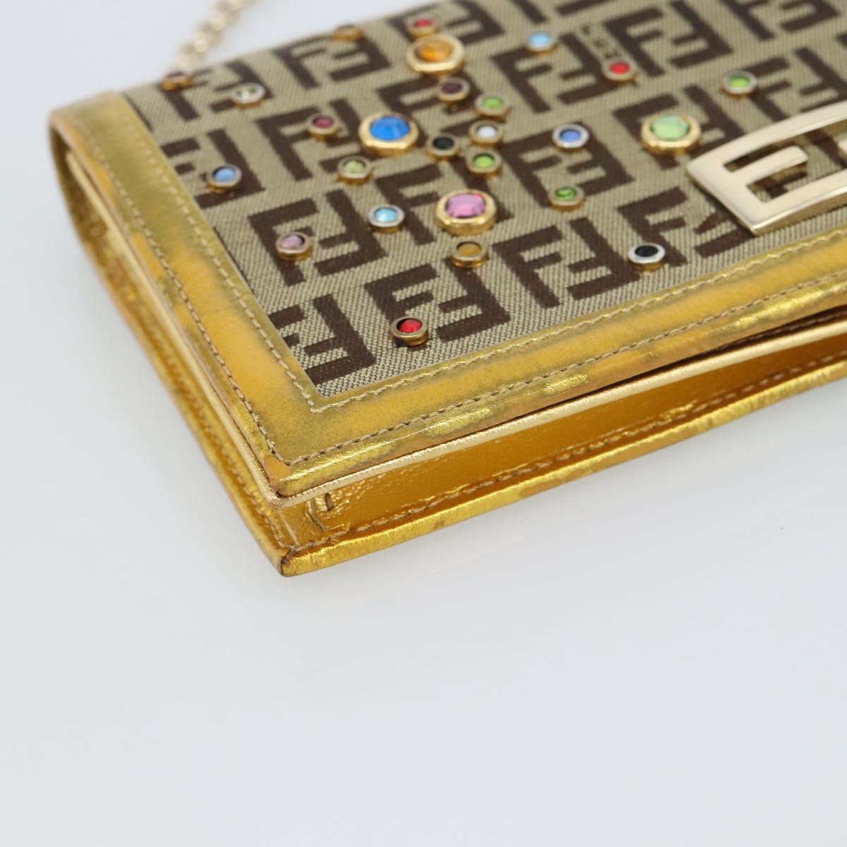 FENDI Zucchino Canvas Chain Wallet Shoulder Bag Beige Gold Auth 189259V