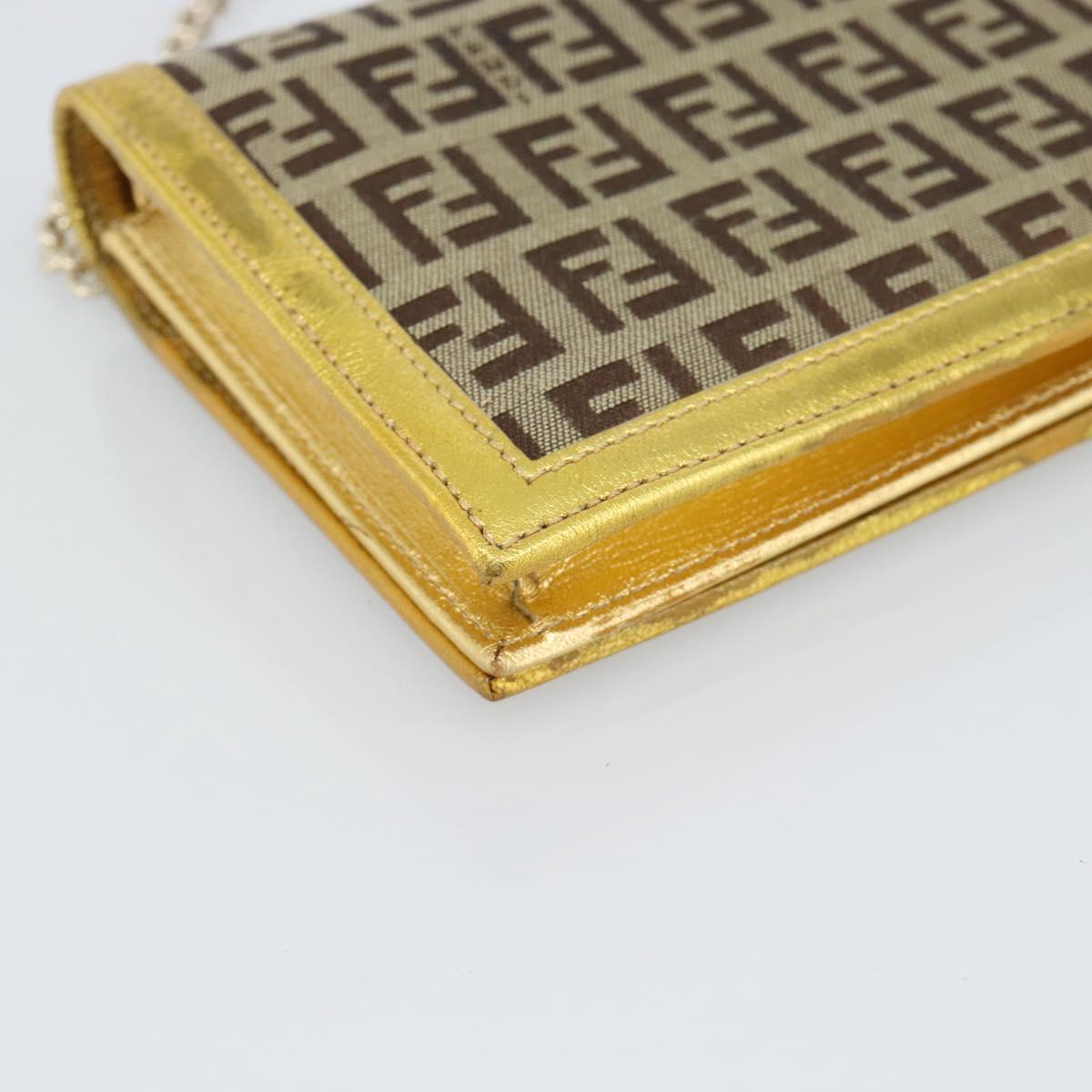 FENDI Zucchino Canvas Chain Wallet Shoulder Bag Beige Gold Auth 189259V
