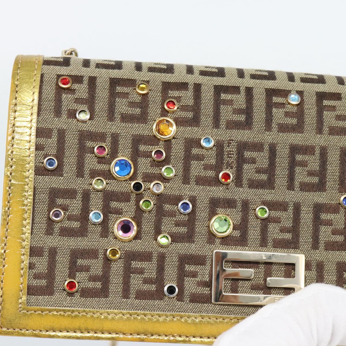 FENDI Zucchino Canvas Chain Wallet Shoulder Bag Beige Gold Auth 189259V
