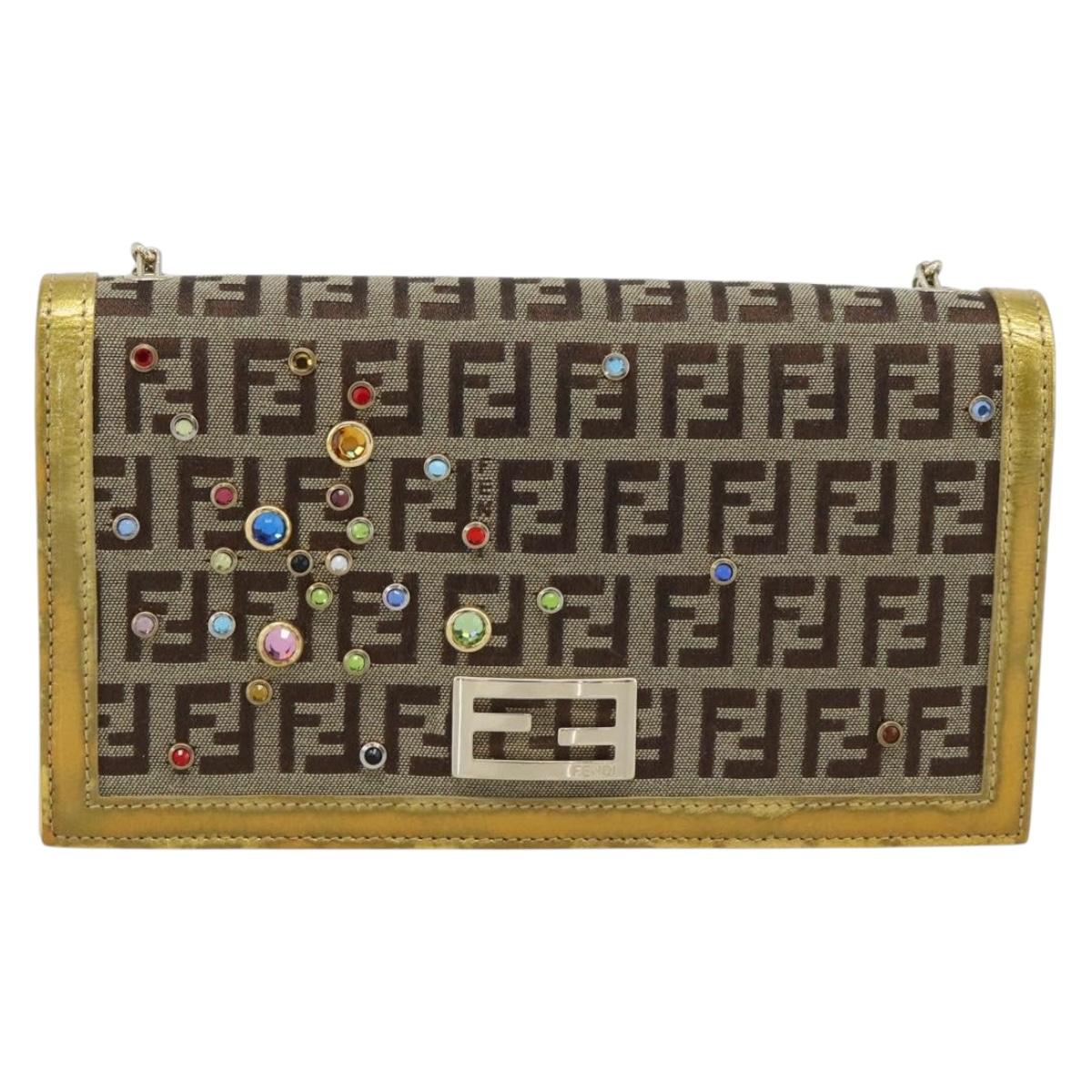 FENDI Zucchino Canvas Chain Wallet Shoulder Bag Beige Gold Auth 189259V