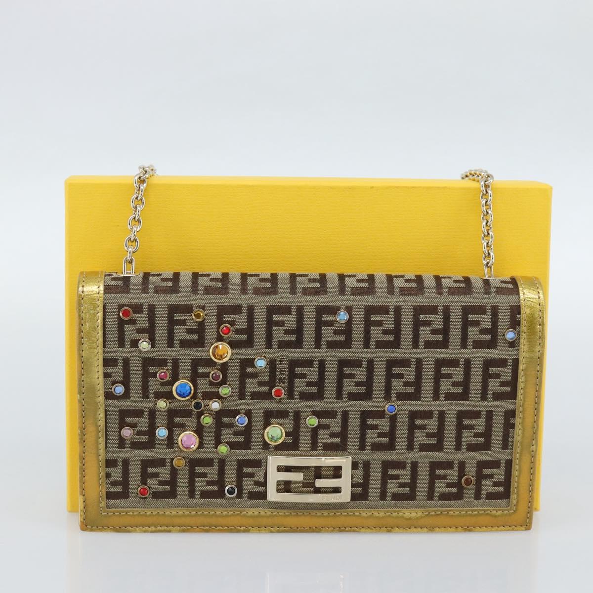 FENDI Zucchino Canvas Chain Wallet Shoulder Bag Beige Gold Auth 189259V