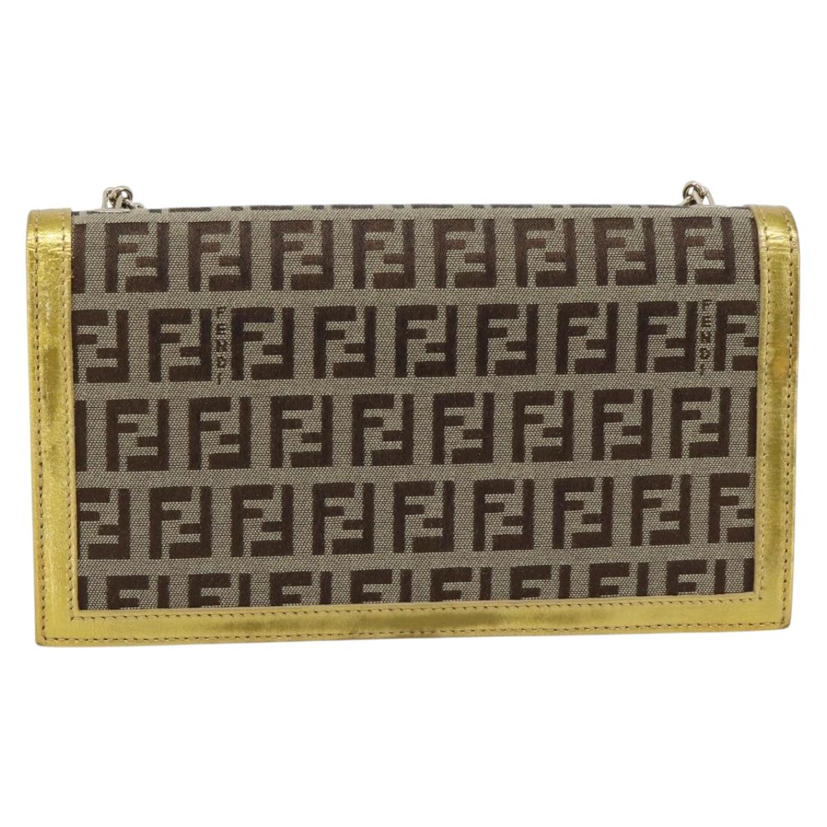 FENDI Zucchino Canvas Chain Wallet Shoulder Bag Beige Gold Auth 189259V