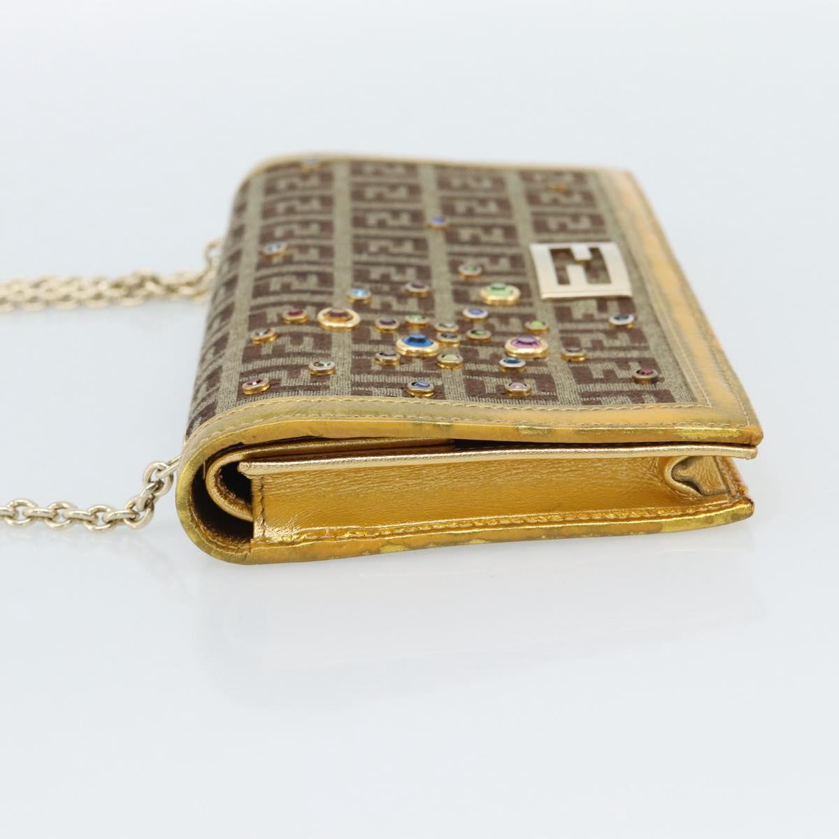 FENDI Zucchino Canvas Chain Wallet Shoulder Bag Beige Gold Auth 189259V
