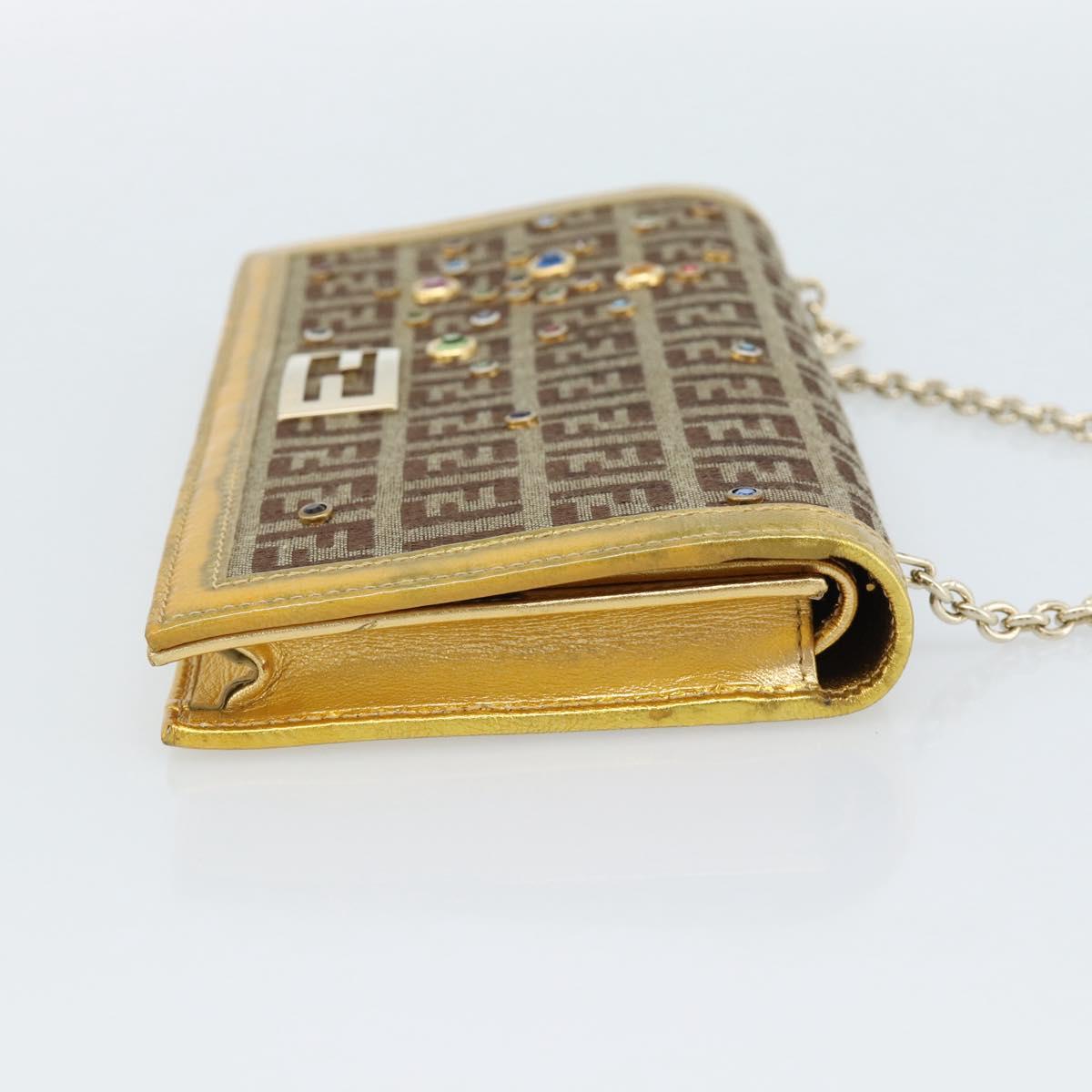 FENDI Zucchino Canvas Chain Wallet Shoulder Bag Beige Gold Auth 189259V