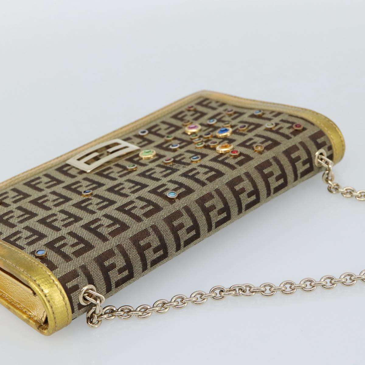 FENDI Zucchino Canvas Chain Wallet Shoulder Bag Beige Gold Auth 189259V