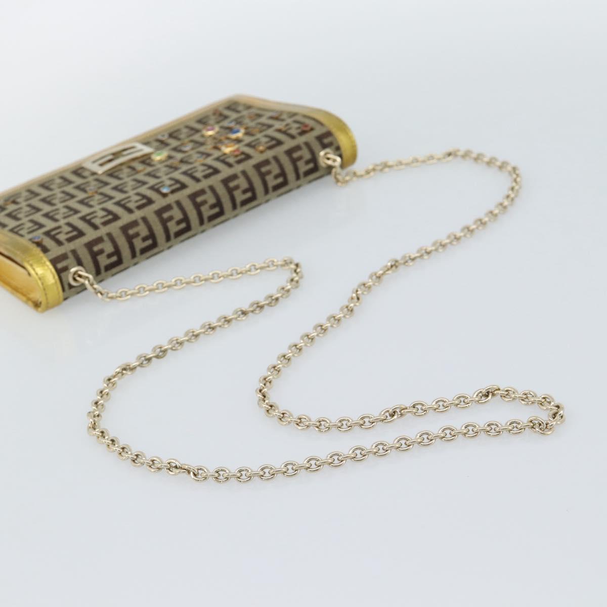 FENDI Zucchino Canvas Chain Wallet Shoulder Bag Beige Gold Auth 189259V