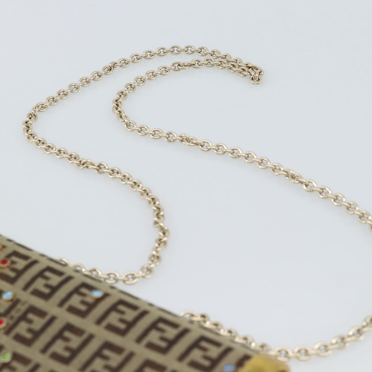 FENDI Zucchino Canvas Chain Wallet Shoulder Bag Beige Gold Auth 189259V
