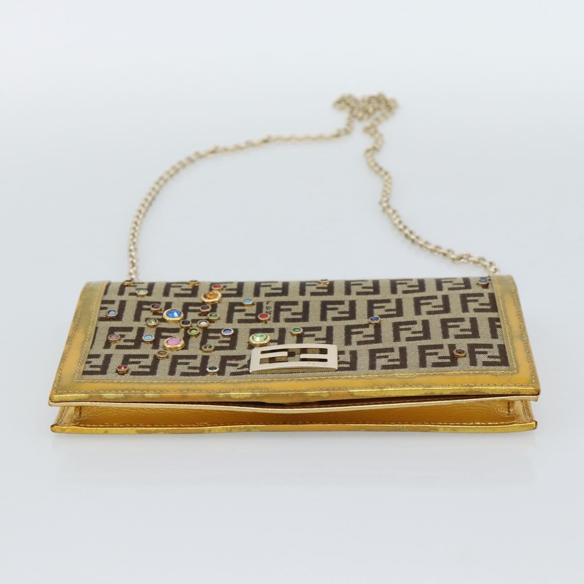 FENDI Zucchino Canvas Chain Wallet Shoulder Bag Beige Gold Auth 189259V