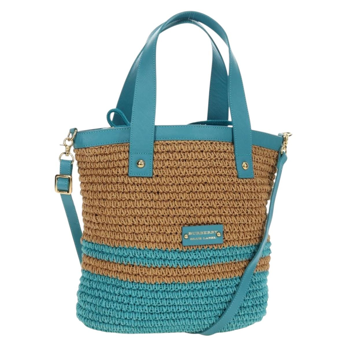 BURBERRY Blue Label Hand Bag Raffia 2way Blue Gold Auth 189264A