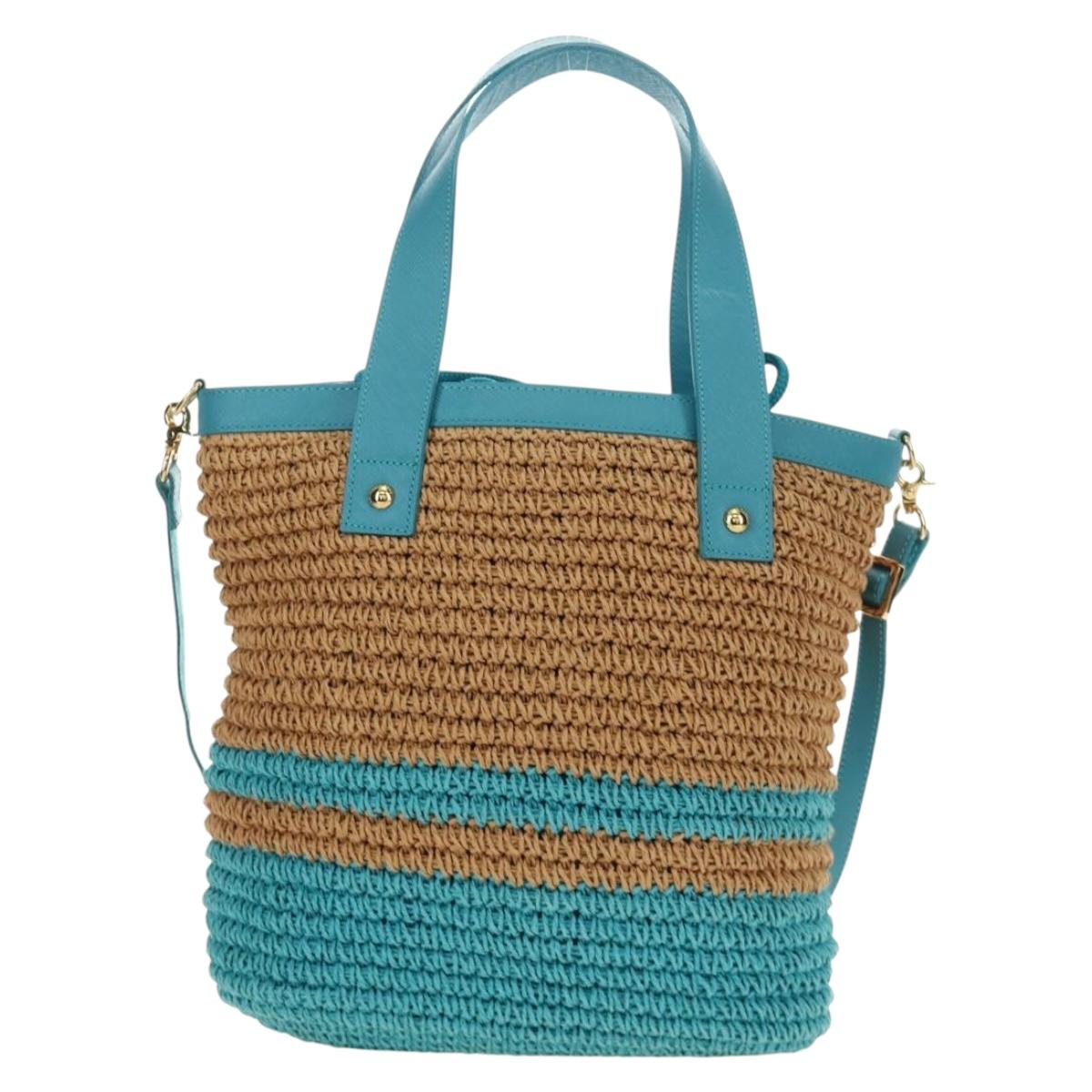 BURBERRY Blue Label Hand Bag Raffia 2way Blue Gold Auth 189264A