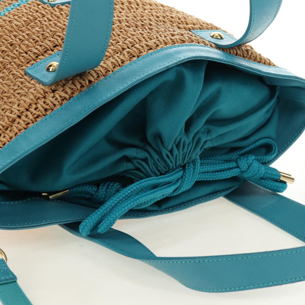 BURBERRY Blue Label Hand Bag Raffia 2way Blue Gold Auth 189264A