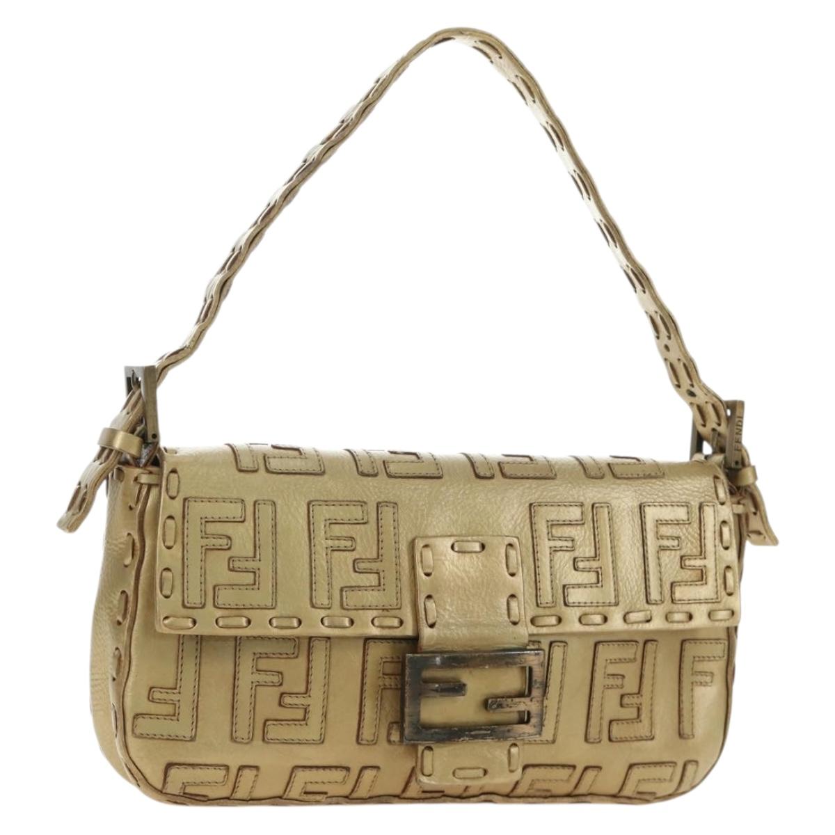 FENDI Zucca Canvas Mamma Baguette Shoulder Bag Leather Gold Auth 189267SAM